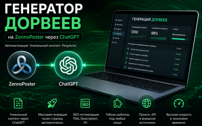 Генератор дорвеев на  Zennoposter через чат-gpt